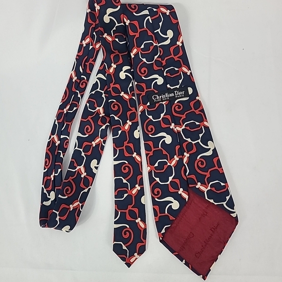 Vintage Christian Dior Men's Geometric Blue Red Designer Tie 56" - Picture 1 of 5